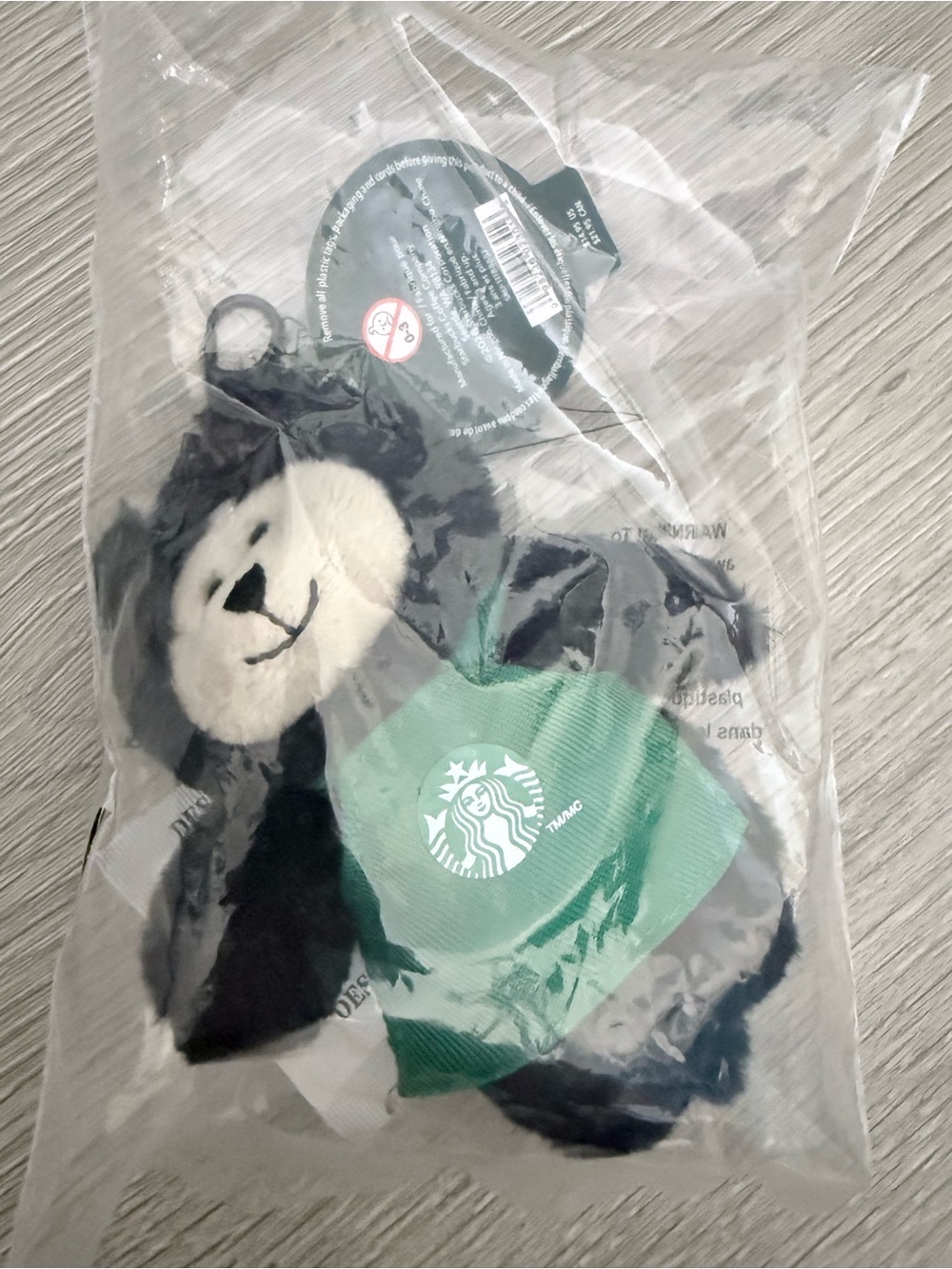 NWT Starbucks Black & White Bear Plush Keychain with Green Apron